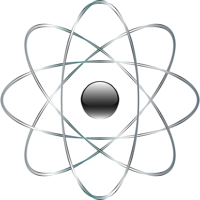 an atomic symbol on a black background, by Mirko Rački, silver, plutus su, intelligent design, utility