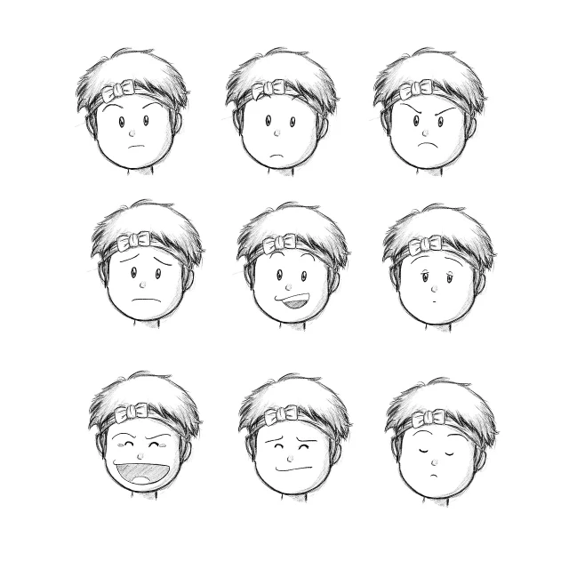a drawing of a man's face with different expressions, a character portrait, detailed face of a asian boy, comic strip style, 9, feelings