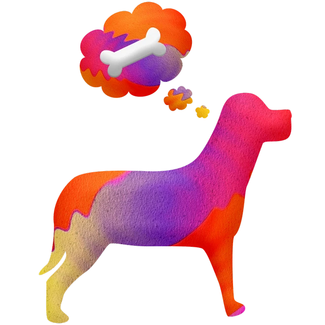 a dog with a bone in its mouth and a thought bubble above it, an illustration of, inspired by Victor Moscoso, neo-fauvism, air brush illustration, rainbow melting color scheme, stylized silhouette, rendered art