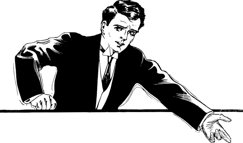 a black and white drawing of a man in a suit, vector art, trending on pixabay, digital art, witness stand, 5 0 s pulp illustration, black and white manga panel, staring you down