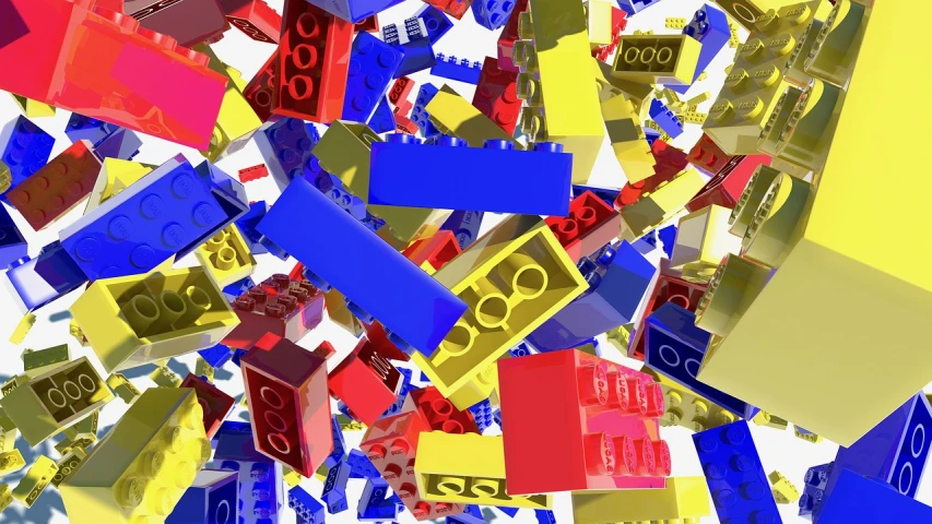 a bunch of legos laying on top of each other, a screenshot, by Jon Coffelt, conceptual art, glossy plastic, bricks flying, isolated on white background, mid shot photo