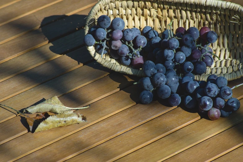 a basket of grapes sitting on top of a wooden table, a still life, by Leo Michelson, pixabay, bottom angle, deck, stock photo, new mexico