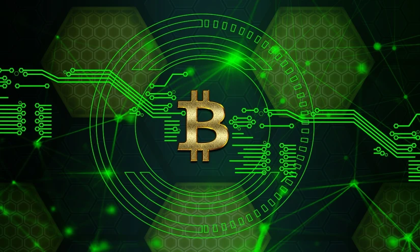 a bitcoin surrounded by green hexagons, a digital rendering, trending on pixabay, digital art, wires from the matrix movie, wallpaper for monitor, banner, trending on pixart