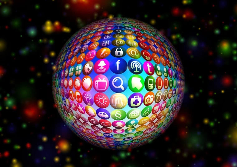 a sphere with a lot of social icons on it, by Jon Coffelt, digital art, holographic design, vivid!!, jeweled technology, advertising
