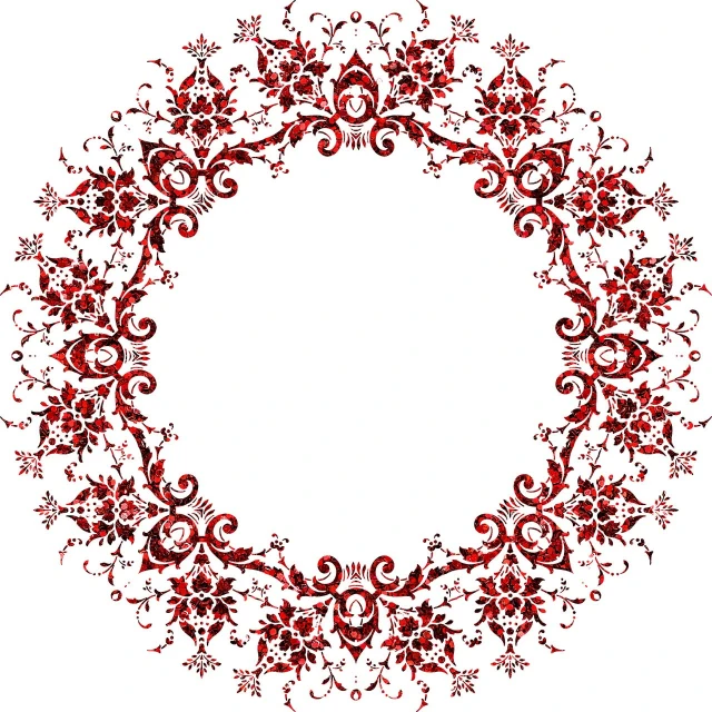 a red floral frame on a white background, a digital rendering, pixabay, arabesque, round format, intricate embroidery, detailed lacework, slightly pixelated