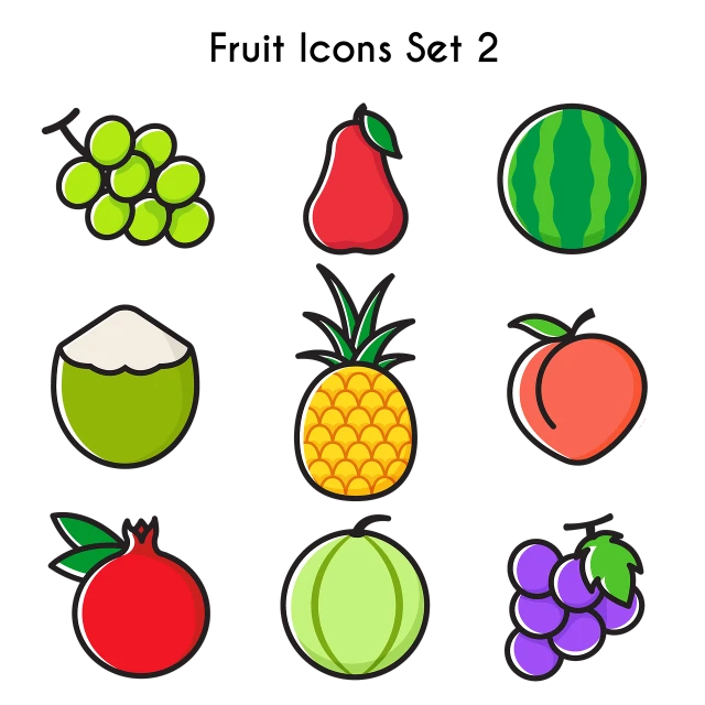 a bunch of fruit icons on a black background, vector art, shutterstock, pop art, miami. illustration, modern simplified vector art, app icon, high detail illustration