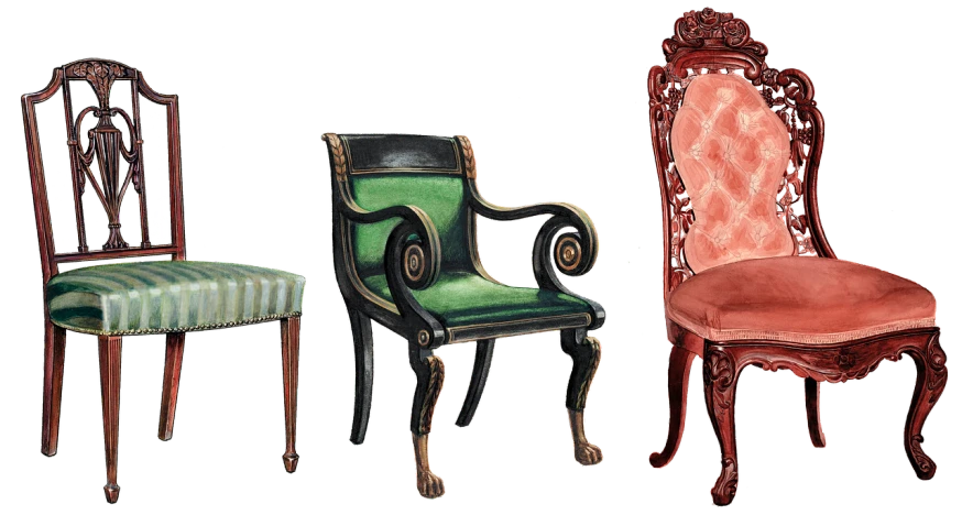 a group of chairs sitting next to each other, concept art, by Elias Ravanetti, baroque, in style of classicism, 3 colour, medusa, various styles