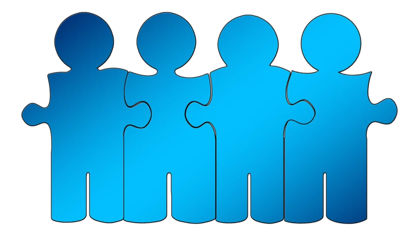 a group of people standing next to each other, a jigsaw puzzle, by Eugeniusz Zak, pixabay, digital art, blue and black color scheme)), cast, four, twins