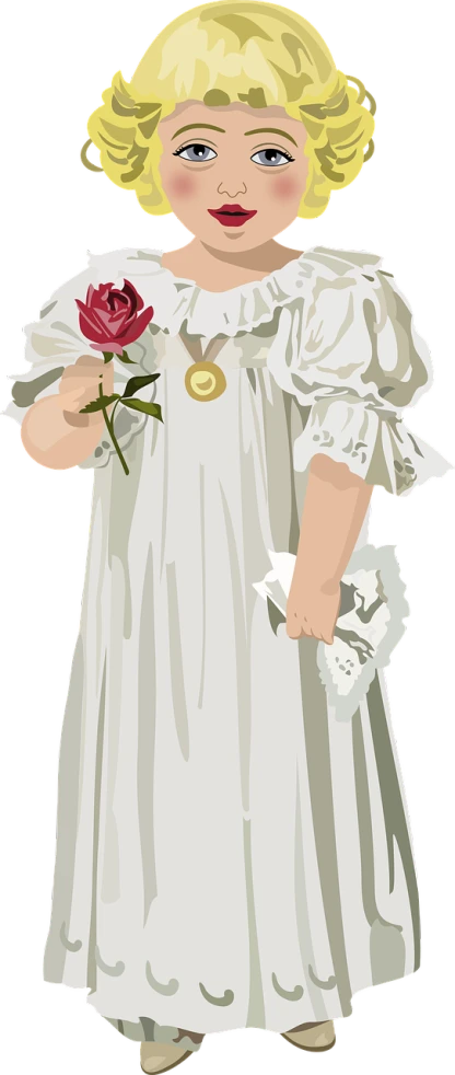 a little girl in a white dress holding a rose, vector art, inspired by Margaret Brundage, pixabay contest winner, romanticism, vectorized, nightgown, nurse, 1900s picture