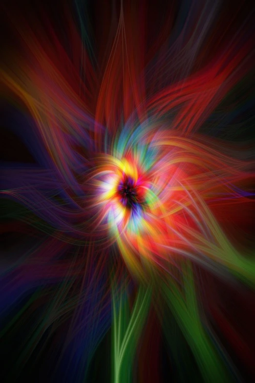 a close up of a colorful flower on a black background, digital art, inspired by Lorentz Frölich, abstract illusionism, wisps of energy in the air, many colors in the background, space warping and twisting, colorful with red hues