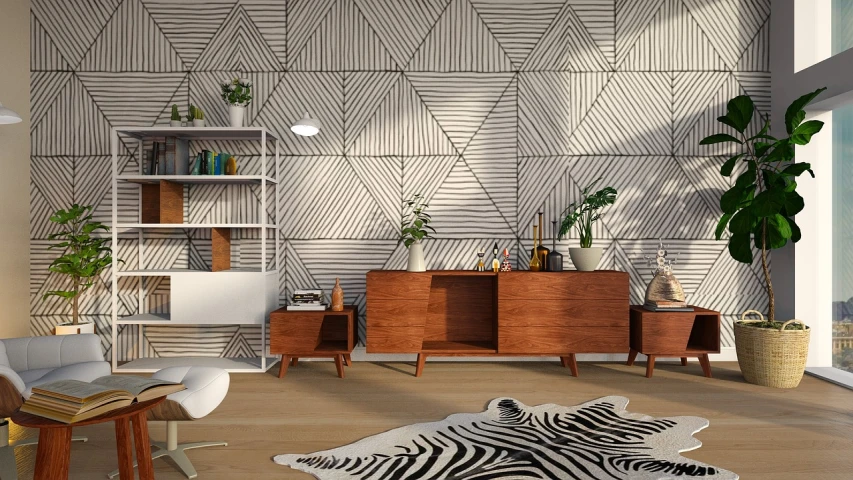a living room filled with furniture and a zebra rug, an ambient occlusion render, inspired by Fernando Gerassi, shutterstock, geometric wallpaper, wood panel walls, intricate triangular designs, thick ink lines