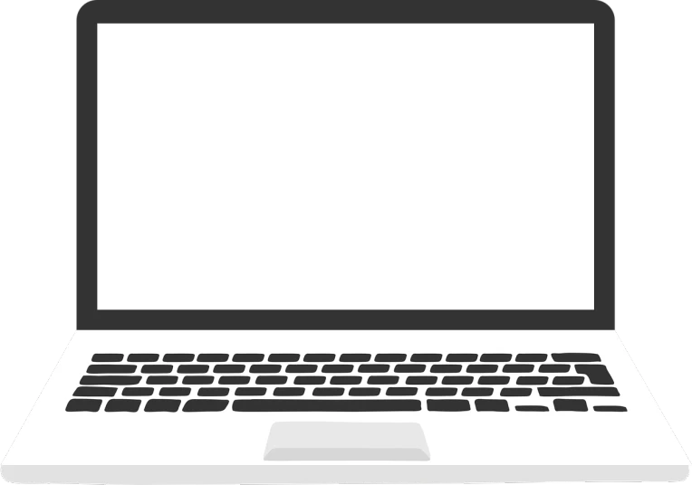 a laptop computer with a blank screen, pixabay, computer art, white and black color palette, 1128x191 resolution, zoomed out full body, black and white color