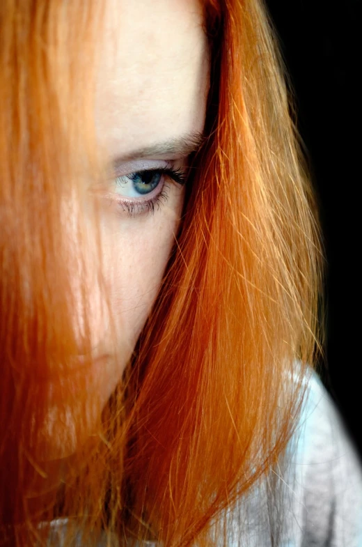 a close up of a person with red hair, by Zofia Stryjenska, flickr, blue pupil, unhappy, young woman, she has long redorange hair