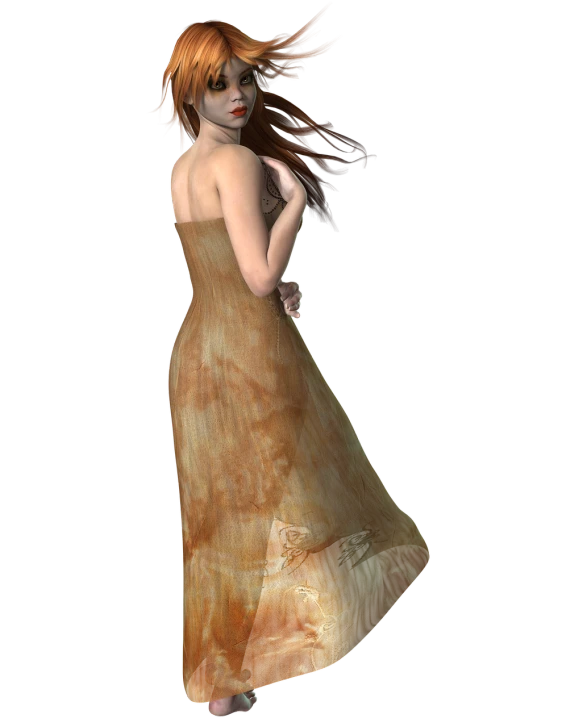 a woman in a dress on a black background, a digital rendering, inspired by Thomas Dewing, trending on cg society, orange skin and long fiery hair, secondlife, wearing wheat yellow gauze, fullbody photo