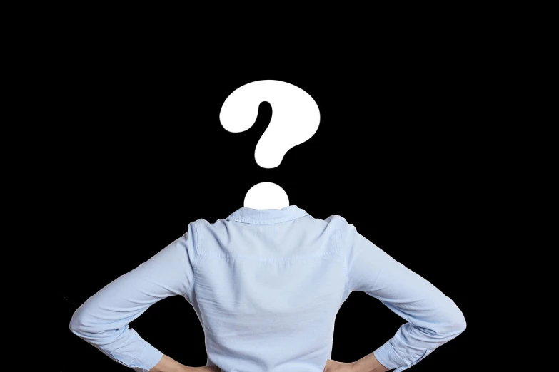 a woman with a question mark on her head, a stock photo, by Juan O'Gorman, pixabay, with his back turned, half body photo, wearing a blouse, stock photo