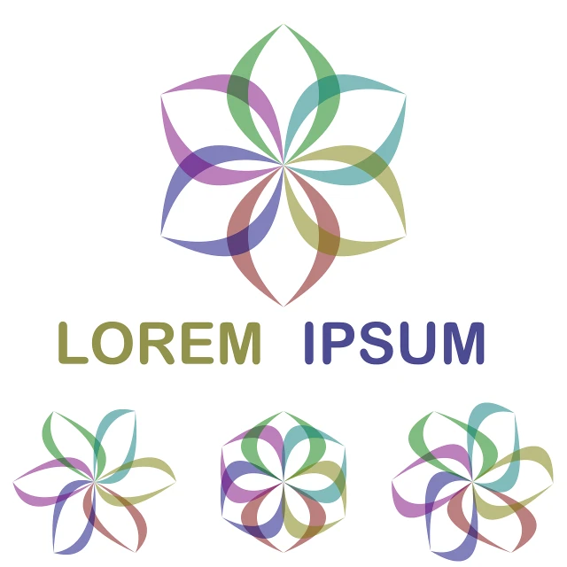 a set of four colorful flower logos on a white background, inspired by Lubin Baugin, abstract illusionism, lorem ipsum dolor sit amet, vortex of plum petals, ribbon, screenshots