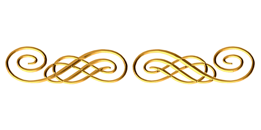 a pair of gold earrings on a black background, a digital rendering, inspired by William Hoare, trending on zbrush central, art nouveau, infinity glyph waves, military insignia, celtic hair braid, hair ornaments