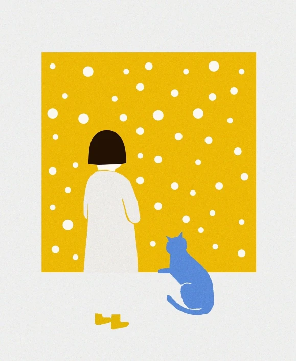 a woman standing next to a blue cat, a screenprint, by Miwa Komatsu, flickr, yellow, snow fall, minimalissimo, ffffound