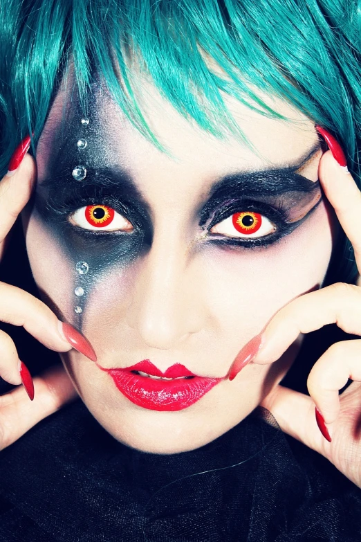 a close up of a person with green hair and makeup, cyberpunk art, inspired by Aaron Nagel, shutterstock, red contacts, cruella devil, zombie with white eyes, ad image