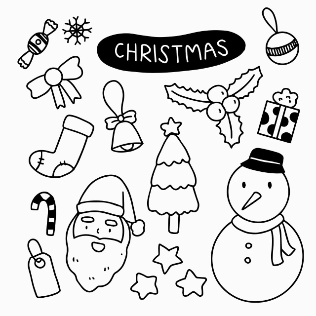 a black and white drawing of christmas items, lineart, sticker design vector art, minimalist cartoon style, white color, vector images