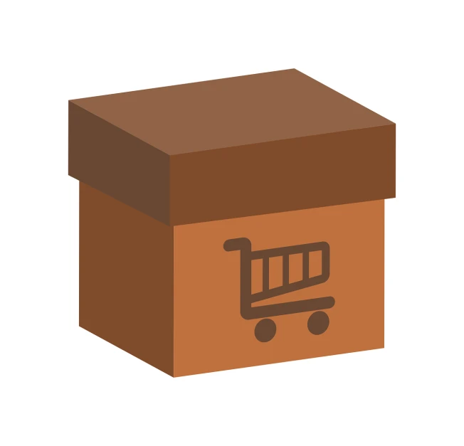 a brown box with a shopping cart on it, postminimalism, flat - color, japanese collection product, low resolution, full colored