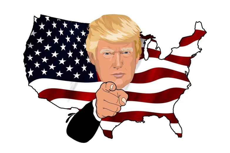 a close up of a person pointing a finger at a map of the united states, an illustration of, shutterstock, donald trump portrait, vector, flag in hands, looking towards camera