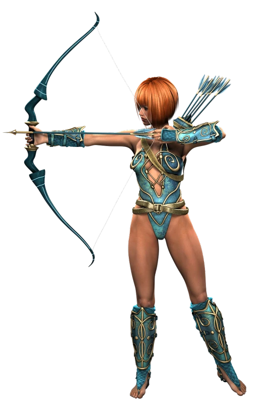 a woman in armor holding a bow and arrow, zbrush central contest winner, blue body paint, maiden with copper hair, in-game 3d model, robin