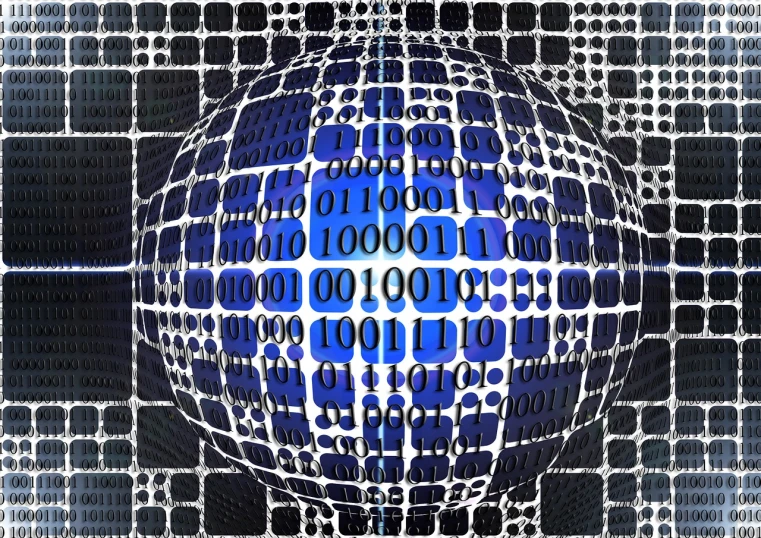 a close up of a sphere with numbers on it, pixabay, computer art, binary, infographics. logo. blue, montage of grid shapes, portlet photo