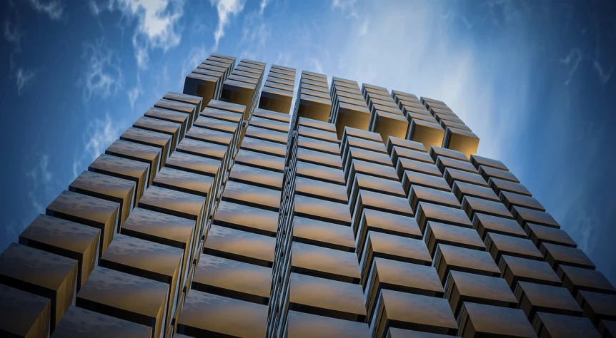 a very tall building with lots of windows, inspired by Ricardo Bofill, unsplash, octane render sharp focus, metal panels, dynamic low angle shot, melbourne