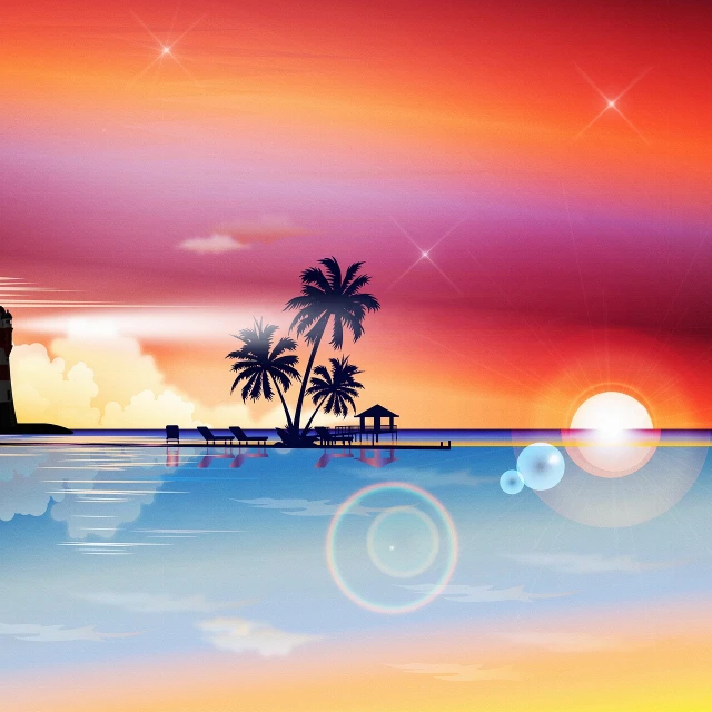 a sunset scene with a lighthouse and palm trees, vector art, by Karl Hofer, shutterstock contest winner, water reflecting suns light, relaxing on the beach at sunset, colorful high contrast hd, which shows a beach at sunset