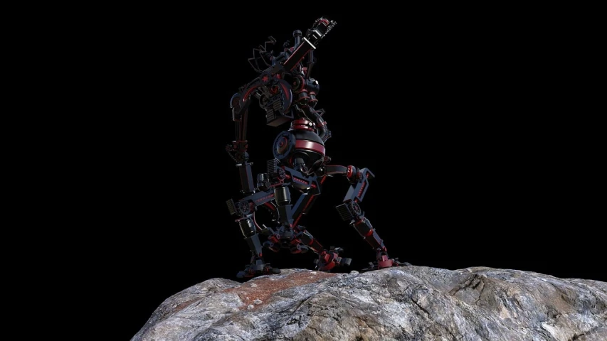 a robot that is standing on a rock, by Andrei Kolkoutine, red shift render, fully body portrait, ronin, transhumanist dancing