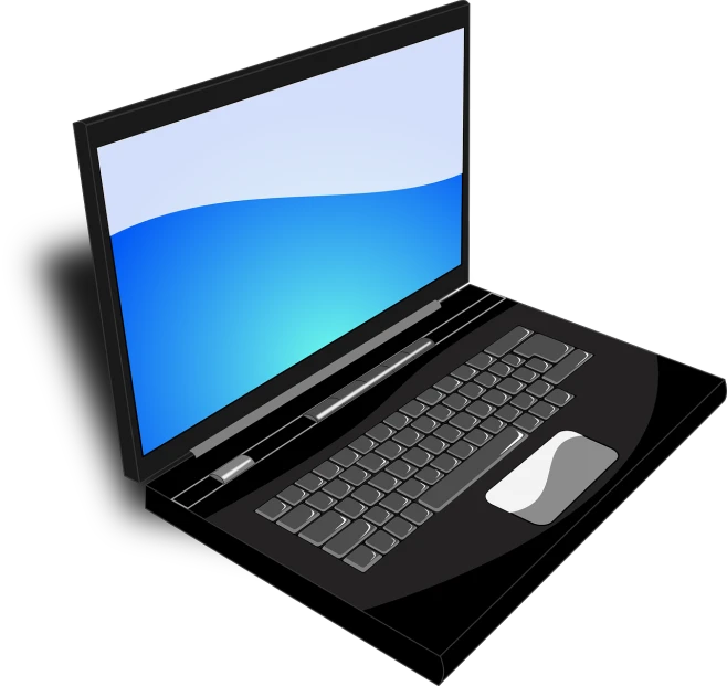 a laptop computer sitting on top of a desk, a computer rendering, by Andrei Kolkoutine, pixabay, computer art, blue-black, on a flat color black background, notebook, liquid cooled