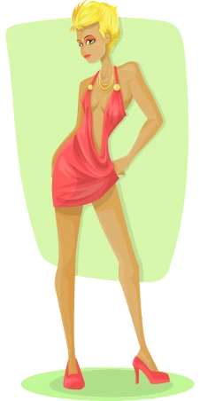 a woman in a red dress standing with her hands on her hips, deviantart contest winner, figuration libre, !!! very coherent!!! vector art, wearing a neon green dress, tanned body, low cut dress