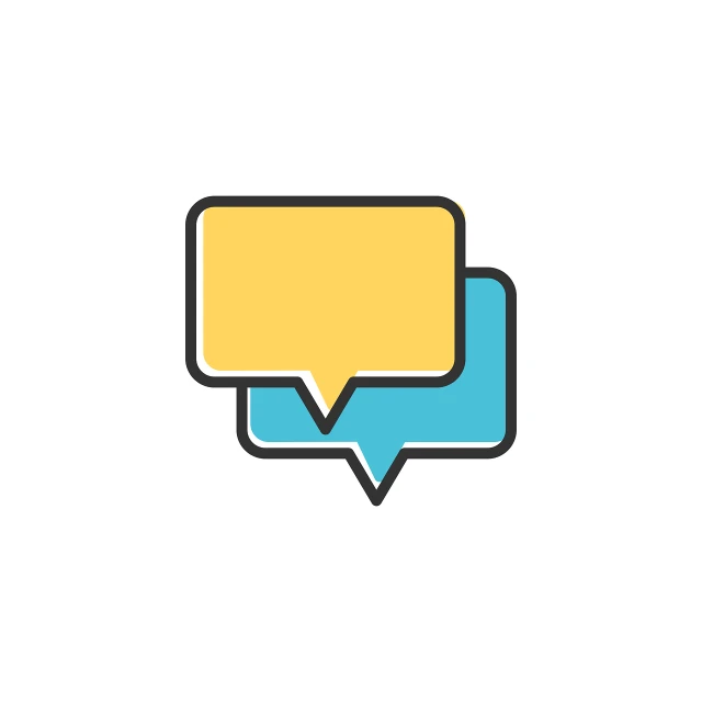 a yellow and blue speech bubble on a white background, dating app icon, full color, image, communication