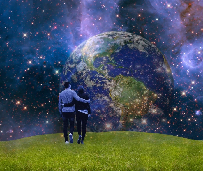 a couple of people that are standing in the grass, surrealism, planet earth background, on a galaxy looking background, love is begin of all, photo taken in 2 0 2 0