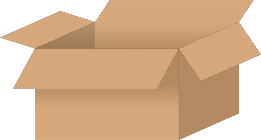 an open cardboard box on a black background, a screenshot, by Aleksander Kotsis, conceptual art, simple gable roofs, no gradients, three fourths view, brown background