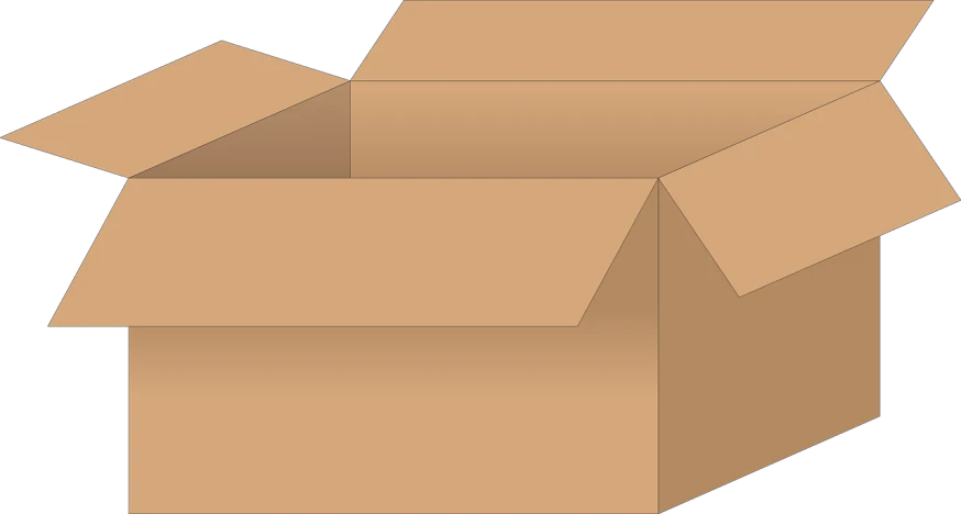an open cardboard box on a black background, a screenshot, by Aleksander Kotsis, conceptual art, simple gable roofs, no gradients, three fourths view, brown background