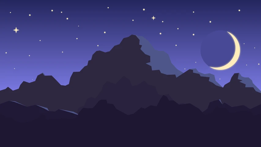 a mountain with a crescent and stars in the sky, vector art, pixel art, wide wide shot, background image, purplish space in background, large rocky mountain