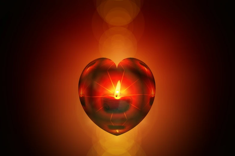 a lit candle in the shape of a heart, digital art, ray traced sun light, set photo, high res photo