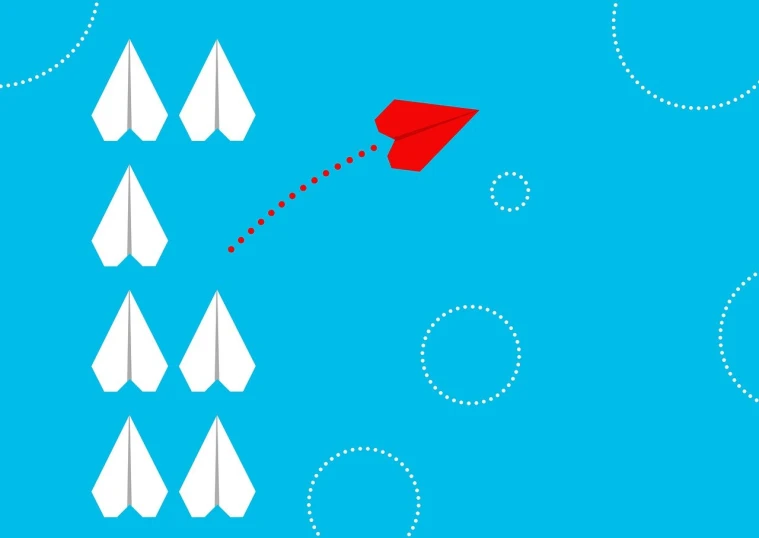 a red paper airplane flying over a group of white paper airplanes, drawing an arrow from his quiver, with a blue background, infographic with illustrations, bomber planes