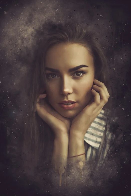 a woman with long hair posing for a picture, a portrait, by Adam Marczyński, shutterstock, digital art, portrait rugged girl, solemn expression, classic portrait, stars in her gazing eyes