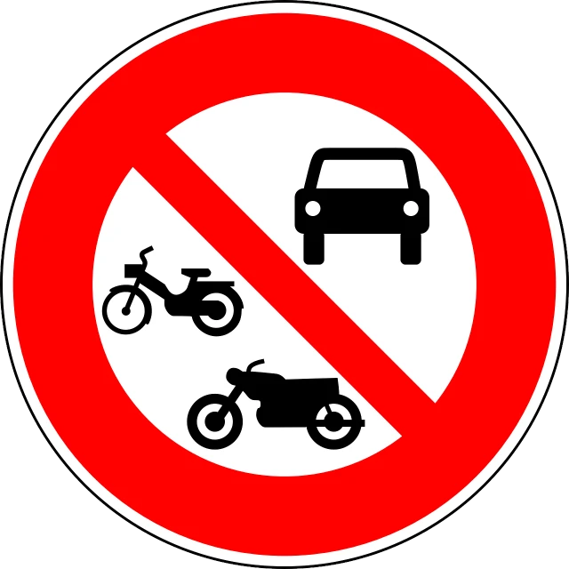 a red and white sign with a picture of a motorcycle and a car, pixabay, forbidden, round, no letters, alessandro barbucci