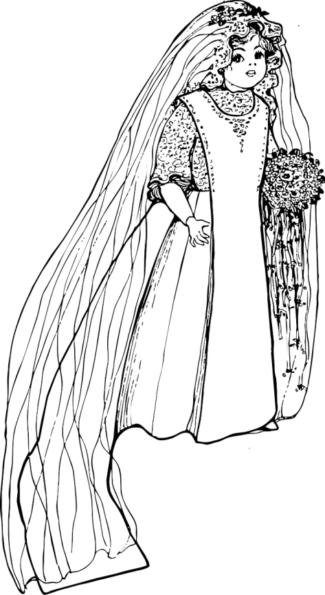 a black and white drawing of a bride, lineart, by Aubrey Beardsley, arts and crafts movement, harry volk clip art style, style of john bauer, wearing a wedding dress, full - view