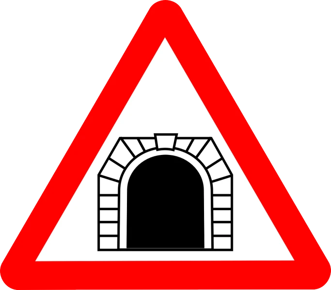 a red triangular sign with a picture of a doorway, by Peter de Sève, pixabay, arbeitsrat für kunst, train in a tunnel, no gradients, oven, animals