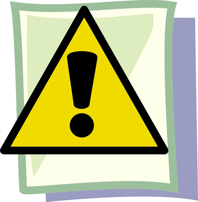 a yellow warning sign with a black exclamation, a cartoon, by Harry Beckhoff, happening, textbook illustration in clolour, bordered, folded, full color illustration