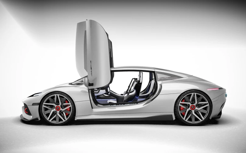 a silver sports car with its door open, a digital rendering, inspired by Harry Haenigsen, tumblr, white eclipse, beauty shot, nesting glass doors, white mechanical details