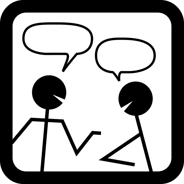 two stick figures with speech bubbles above them, a picture, by Mirko Rački, pixabay, computer art, icon black and white, talking, sitting, museum quality photo