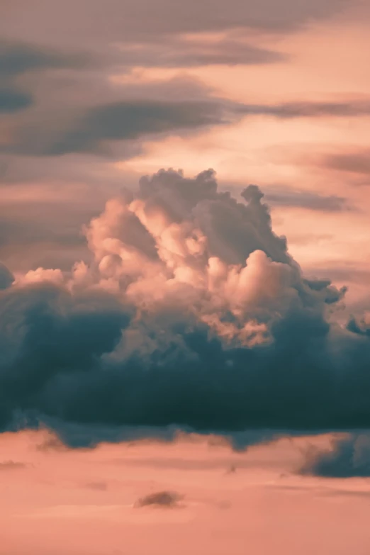 there is a plane that is flying in the sky, a picture, by Aleksander Kotsis, shutterstock, romanticism, pink tinged heavenly clouds, storm in the evening, in shades of peach, “puffy cloudscape