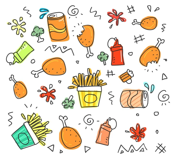 a bunch of fast food icons on a white background, concept art, inspired by Pia Fries, colorful doodle art, french fry pattern ambience, chicken, with a bunch of stuff