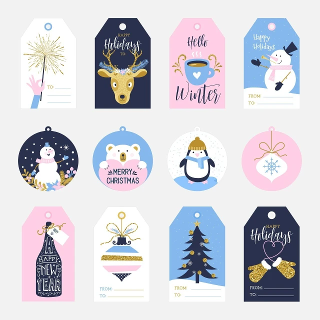 a collection of christmas gift tags on a white background, blue and pink color scheme, illustrations of animals, colors with gold and dark blue, snowy winter